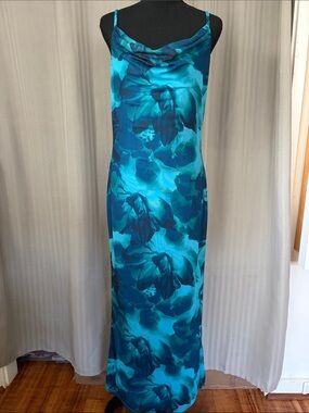 Teal Floral Cowl-Neck Maxi Dress